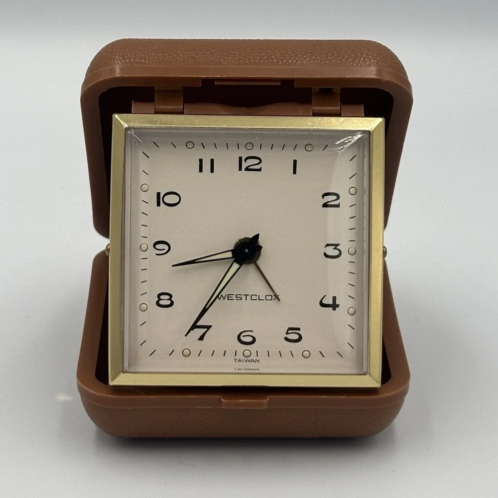 Vintage Westclox Compact Windup Travel‎ Alarm Clock Tan Folding Case Works Great